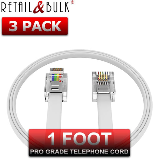 (3 Pack) 12 Inches Short Telephone Cable RJ11 Premium Quality, 6P4C Phone Line Cord (1 Foot, White)...