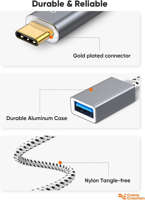 CableCreation 2-Pack USB3.1 USB Female to USB C Adapter 0.5FT/0.15m, USB C to USB A Female Adapter, Braided OTG 5Gbps Data, USB A to C Cable for M...