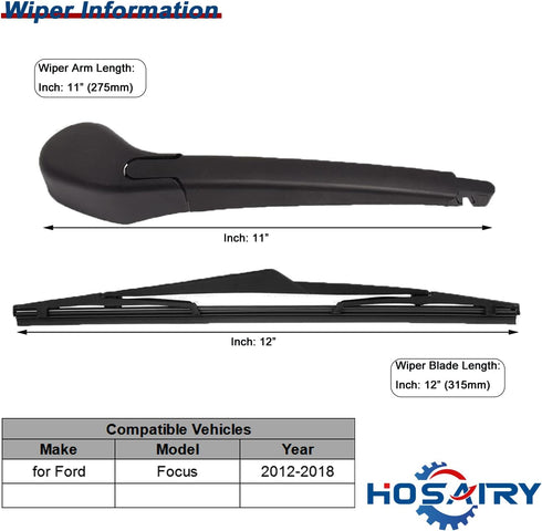 Rear Wiper Arm Blade Set for Ford Focus 2012-2018 hatchback SE ST RS, Rear Windshield Wiper Arm Blade Assembly CV6Z-17526-C...