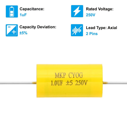 PATIKIL 1uF 250 V CBB20 Capacitor, 1 Pcs Axial Audio Speaker Crossover Step-Less Film Capacitor MKP Capacitor for Audio Equipment Appliances, Yell...