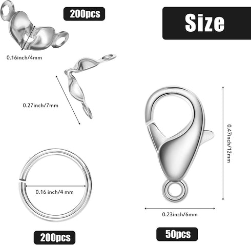 450 Pieces Jewelry Making Accessories Set Includes 200 Bead Tips Knot Covers 200 Open Jump Ring Connectors and 50 Lobster Claw Clasps for DIY Jewe...