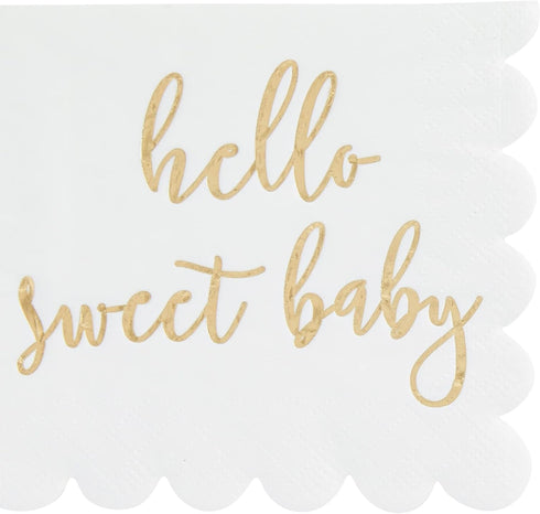 50 Pack 5x5 Inch White Scalloped Napkins with Gold Foil Hello Sweet Baby - Gender Neutral Baby Shower Napkins & Table Decor for Boy Girl Sprinkle ...