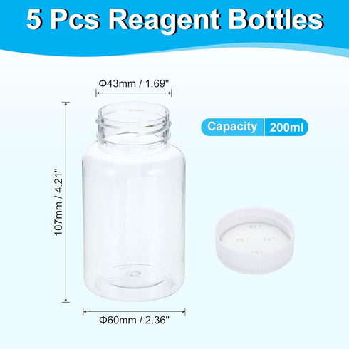 PATIKIL 5 Pcs 200ml Reagent Bottles, PET Wide Mouth Round Bottles with Screw Cap for Lab Water Reagent Liquids Solid Sample Storage Seal, Transpar...