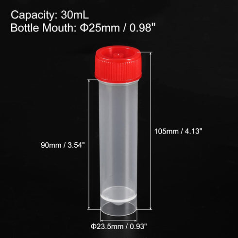 PATIKIL 30mL Plastic Test Tubes, 20 Pack Frozen Test Tube Vial Container Storage Screw Cap for Lab Laboratory Science, Red Clear...