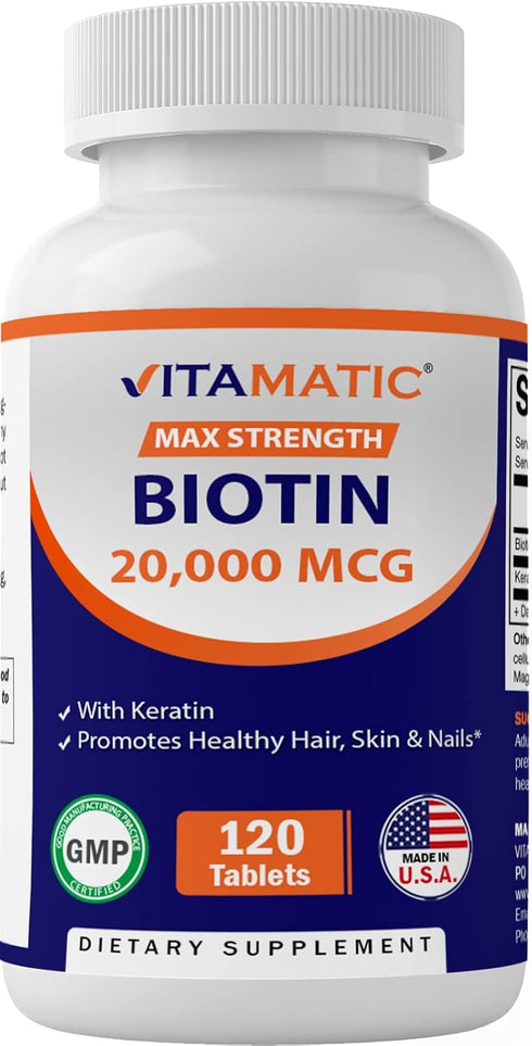 Vitamatic High Potency Biotin 20000 mcg (20mg) with Keratin 100mg - 120 Vegetarian Tablets - Biotin Supplements for Healthy Hair Skin & Nails for ...