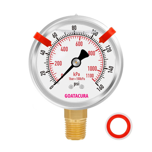 0-160psi Glycerin Filled Pressure Gauge, 2-1/2" Dial Size, Stainless Steel Case, with Red Range Mark, 1/4" NPT Lower Mount, for Measuring Air Comp...