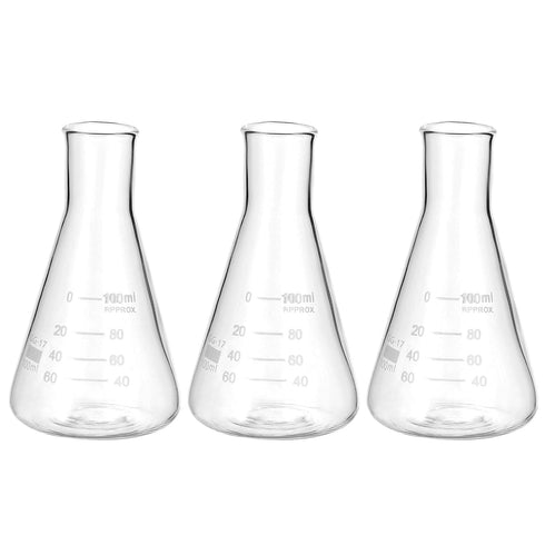 PATIKIL Erlenmeyer Flask, 3 Pcs 100ml 3.4oz Narrow Mouth Graduated Flasks Borosilicate Glass with Printed Graduation for Lab Experiment Chemistry ...