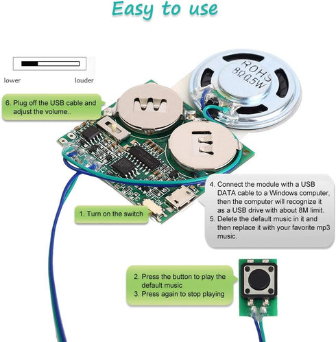 Recordable Sound Module, Icstation 8M USB Programmable Sound Chip with Speaker, Push Button Activated Charging Sound Board for DIY Music Greeting ...