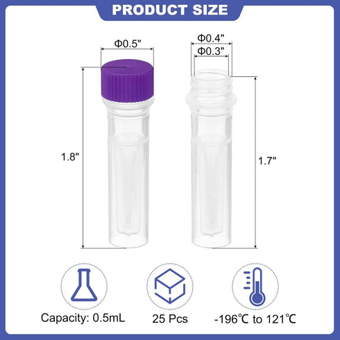 PATIKIL 0.5ml Plastic Cryogenic, 25Pcs Self Standing Cryogenic Vial Screw Top Frozen Test Tube for Lab Laboratory Science, Purple Cap...