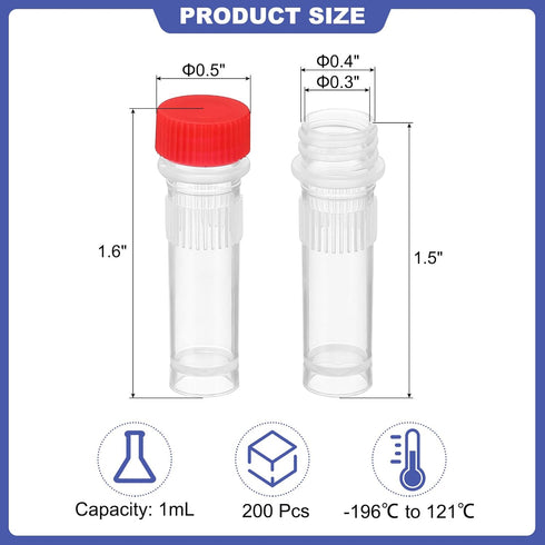 PATIKIL 1ml Plastic Cryogenic, 200Pcs Self Standing Cryogenic Vial Screw Top Frozen Test Tube for Lab Laboratory Science, Red Cap...
