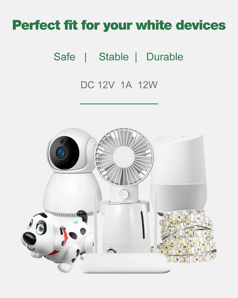 12V 1A Power Supply White, 100-240V AC to DC 12Volt 1Amp 12W Adapter 0.8A 500mA 400mA Power Cord 5.5x2.5mm Tip for LED Light Strips, Security Came...