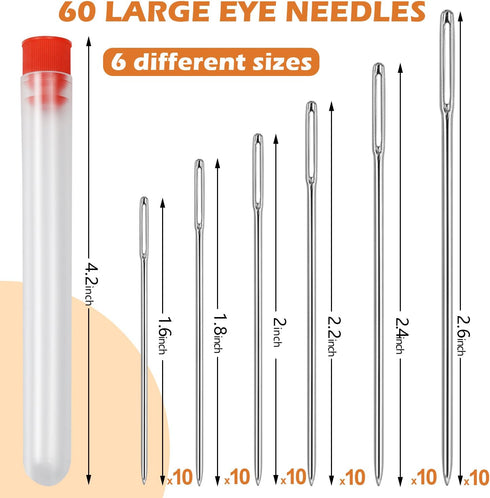 FIVEIZERO 60 PCS Large Eye Sewing Needles, 6 Sizes Hand sewing Needles, Leather Needle Embroidery Thread Needle, Stainless Hand Quilting Needles w...