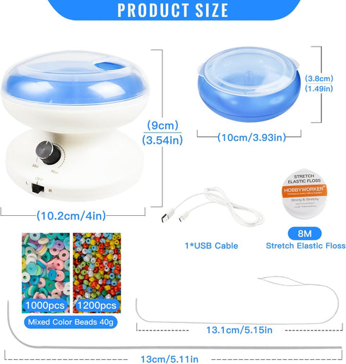 Hobbyworker Electric Clay Bead Spinner Kit with 3pcs Bead Trays 2pcs Bead Spinner Needles, 1000pcs Clay Beads and 1300pcs Seed Beads 8m Elastic Co...