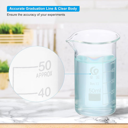 PATIKIL 50ml Tall Glass Beaker, 6Pcs 3.3 Borosilicate Glass Beakers Graduated Measuring Cup with Spout for Lab Experiment, Cooking and Baking, Cle...