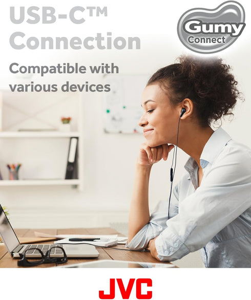 JVC Gumy Connect USB-C Wired Earbuds Headphones, Delay-free for Videos and Gaming, Built-in DAC Reduces Noise and Improves Sound Quality, 9.2 mm D...