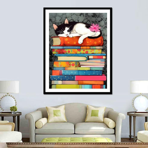 pigpigboss Cat Paint by Numbers Kit for Adult Full Round Drill Diamond Painting Dots Cat Sleeping on Books Diamond Painting Arts Crafts Kit for Be...