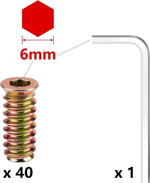 40Pcs Anwenk 1/4"-20 x 25mm Furniture Screw in Nut Threaded Wood Inserts Bolt Fastener Connector Hex Socket Drive for Wood Furniture Assortment (w...
