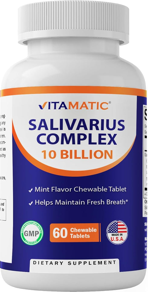 Vitamatic Salivarius Complex 10 Billion Chewable Mint Flavored Tablet - 60 Count - Oral Health Chewable Probiotics + Prebiotics - Supports Healthy...