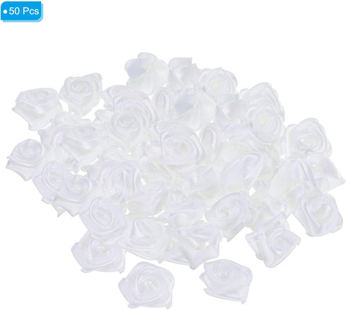 PATIKIL 0.6" Mini Satin Ribbon Roses, 50 Pcs Tiny Fabric Flowers Embellishments Rosettes Applique for DIY Crafts and Wedding, White...