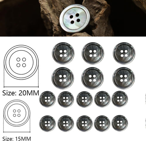 14 Pieces Natural Real Black Mother of Pearl Buttons for Men Blazer, 20mm 15mm Genuine Black MOP Buttons for Men Women's Jacket Coat Uniforms Suit...