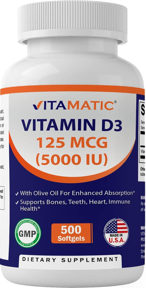 Vitamatic Vitamin D3 5000 IU (125 mcg) - 500 Softgels (Olive Oil Based) - 500 Days Supply - for Healthy Muscle Function, and Immune Support, Non-G...