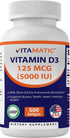 Vitamatic Vitamin D3 5000 IU (125 mcg) - 500 Softgels (Olive Oil Based) - 500 Days Supply - for Healthy Muscle Function, and Immune Support, Non-G...