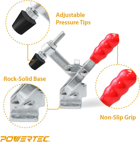 POWERTEC 1PK Toggle Clamp, 200 lbs Holding Capacity, 12050 Quick Release Vertical Clamps w/ Antislip Rubber Pressure Tip for Woodworking Jigs and ...