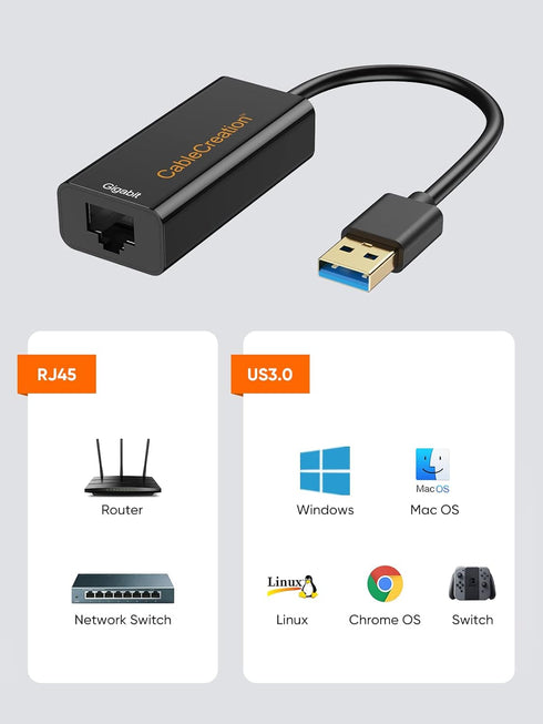 USB to Ethernet Adapter, CableCreation USB 3.0 to 10/100/1000 Gigabit Wired LAN Network Adapter Compatible with Nintendo Switch, Windows, MacBook,...