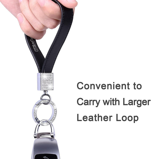 Wisdompro Genuine Leather Car Keychain, Bling Key FOB Holder Keychains for Women Girls with Crystal Rhinestones and 2 Keyrings - Black...