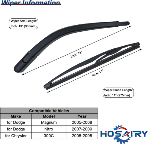 Rear Wiper Arm Blade Set for Dodge Magnum 2005-2008, for Dodge Nitro 2007-2009, for Chrysler 300C 2005-2008 Rear Windshield Wiper Arm Blade Assemb...