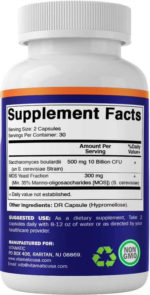 Vitamatic Saccharomyces Boulardii Probiotic 10B per Serving + Yeast Extract (MOS Yeast Fraction) 300 mg - 60 DR Capsules - Made in The USA...