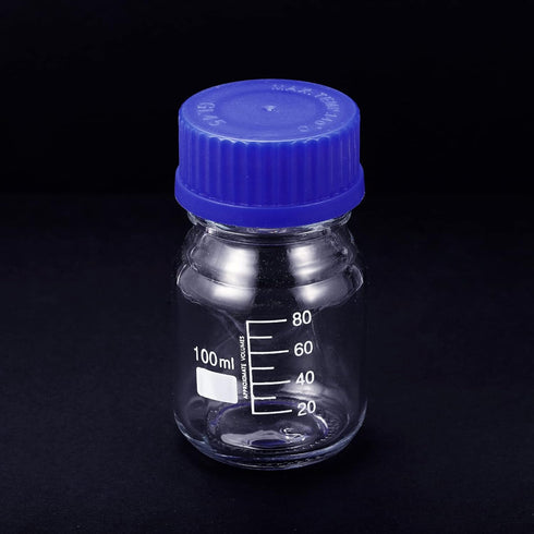 PATIKIL 100mL Reagent Media Bottle, 1Pcs Round Graduated Glass Storage Bottle Blue Screw Cap for Chemistry Lab Universities Home, Clear...