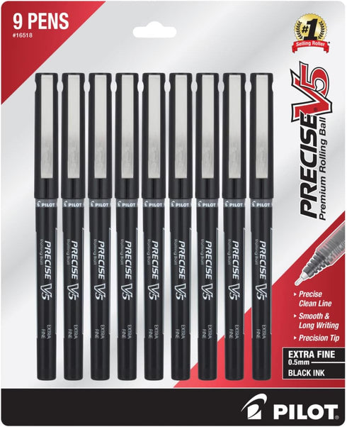 Pilot Precise V5 Stick Liquid Ink Rolling Ball Stick Pens, Extra Fine Point (0.5mm) Black Ink, 9-Pack...