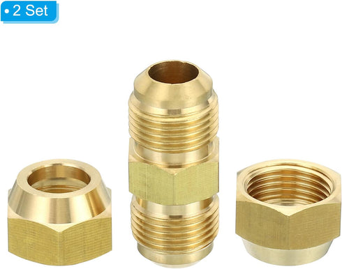 PATIKIL 1/2" OD Brass Flare Union Connector, 2 Set Air Conditioning Copper Double Pipe Extension Joint Connectors Pipe Hose Fitting with Nut, 1.77...