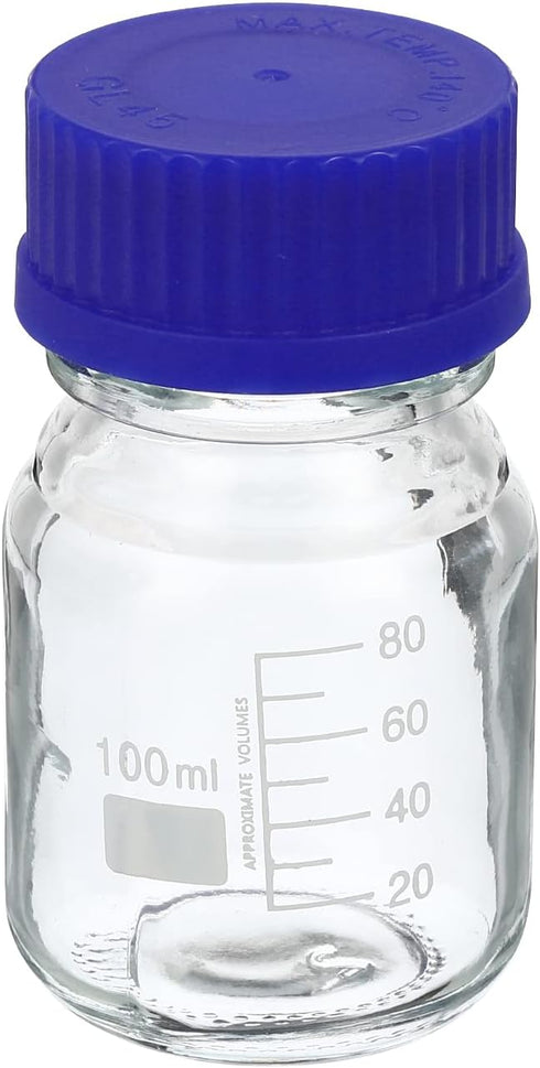 PATIKIL 100mL Reagent Media Bottle, 1Pcs Round Graduated Glass Storage Bottle Blue Screw Cap for Chemistry Lab Universities Home, Clear...
