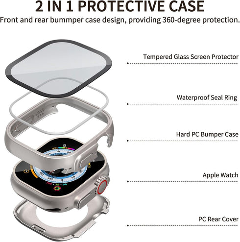 (2 in 1) Waterproof Case Compatible for Apple Watch Ultra/Apple Watch Ultra 2 Screen Protector 49mm Accessories, iWatch Tempered Glass Protective ...
