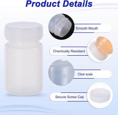 PATIKIL 5 Pcs 50ml Reagent Bottles, PE Wide Mouth Round Graduated Bottles with Screw Cap for Lab Water Reagent Liquids Solid Sample Storage Seal, ...