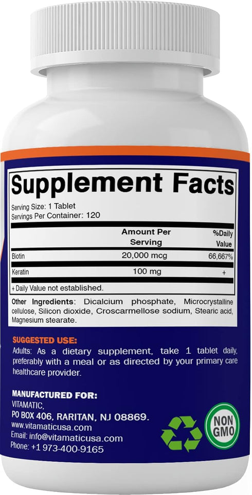 Vitamatic High Potency Biotin 20000 mcg (20mg) with Keratin 100mg - 120 Vegetarian Tablets - Biotin Supplements for Healthy Hair Skin & Nails for ...