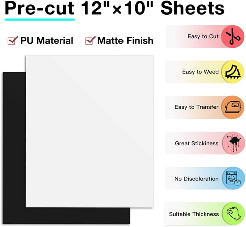 White HTV Black Heat Transfer Vinyl Bundle: 12" x 10" White & Black Iron on Vinyl for T-Shirt, White Heat Transfer Vinyl for for All Cutting Machi...
