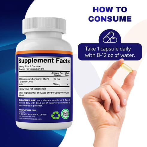 Vitamatic Bifidobacterium Longum 6 Billion CFU per DR Capsule - 60 Count - Promotes Intestinal Health - Made with Prebiotic Inulin Fiber...