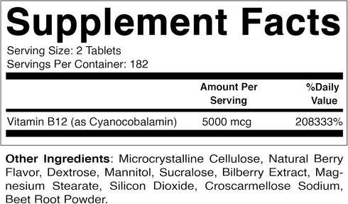 Vitamatic Vitamin B12 5000 mcg per Serving Fast Dissolve 365 Tablets - Berry Flavor - Supports Energy Metabolism...