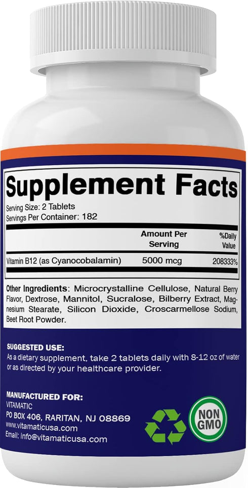 Vitamatic Vitamin B12 5000 mcg per Serving Fast Dissolve 365 Tablets - Berry Flavor - Supports Energy Metabolism...