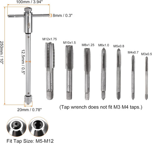 T-Handle Ratchet Tap Wrench + Metric Tap Set, 7pcs M3 M4 M5 M6 M8 M10 M12 Thread Taps and M5-M12 Adjustable 10" Long Ratcheting Wrench Hand Tappin...