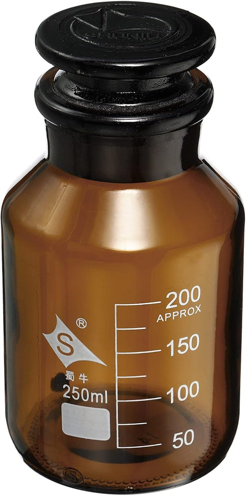 PATIKIL 250mL Reagent Media Bottle, 1Pcs Round 3.3 Borosilicate Glass Graduated Storage Bottle with Amber Cap for Chemistry Lab Universities Home,...