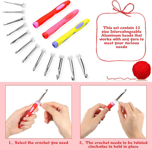 12 Sizes 2.0 mm to 8 mm Crochet Hooks Set, 3 Pcs Soft Grip Ergonomic Interchangeable Handle Crochet Hooks Beginner Knitting Kit Gift for DIY Craft...