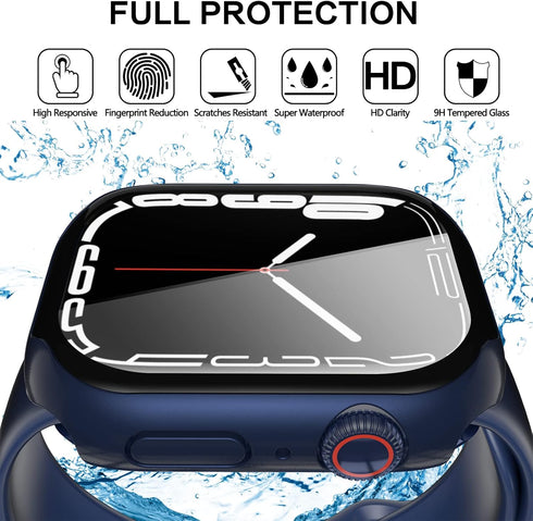 YMHML Waterproof Blue Case Compatible for Apple Watch Series 8/7 45mm with Tempered Glass Screen Protector, Hard PC Full Touch Sensitive Protectiv...
