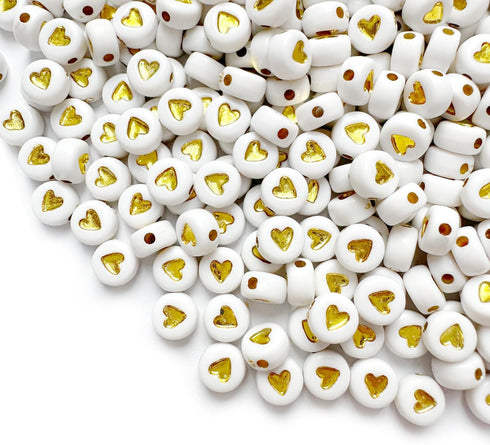 600pcs White Gold Acrylic Heart Beads Kit,4x7mm Gold Heart Shaped Beads Flat Round Spacer Beads Plastic Loose Beads for Jewelry Making,DIY Bracele...