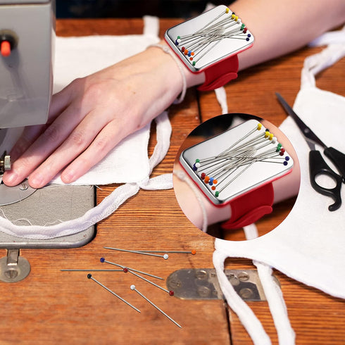 Magnetic Wrist Sewing Pincushion with 100 Pieces 1.5 Inch Ball Head Sewing Pins Set Wrist Magnetic Pin Holder Gift Supplies(Red)...