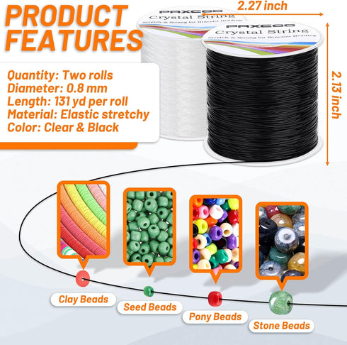 Bracelet String, Paxcoo 2 Rolls Elastic Stretchy Bead String Cord for Clay Beads Kandi Pony Beads Bracelets Jewelry Making (0.8 MM, Crystal & Blac...