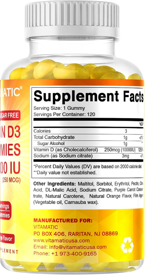 Vitamatic Sugar Free Vitamin D3 10000 IU - 120 Pectin Based Gummies - Great Taste - Healthy Bones, Mood & Immune System Function - Non-GMO - 120 S...
